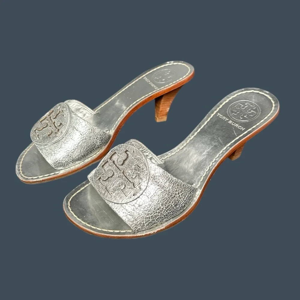 Tory Burch Miller Sandals Womens 6.5M Metallic Silver Open Toe Wooden KittenHeel